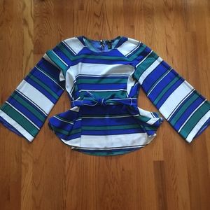 H&M Blue & Green Stripe Wide Sleeve Tie Top- Sz 8